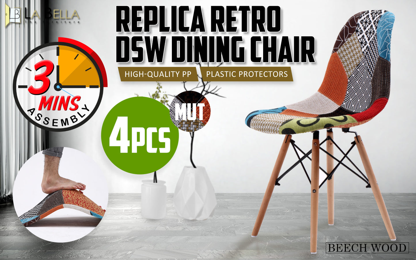 La Bella 4 Set Multi Colour Retro Dining Cafe Chair DSW Fabric