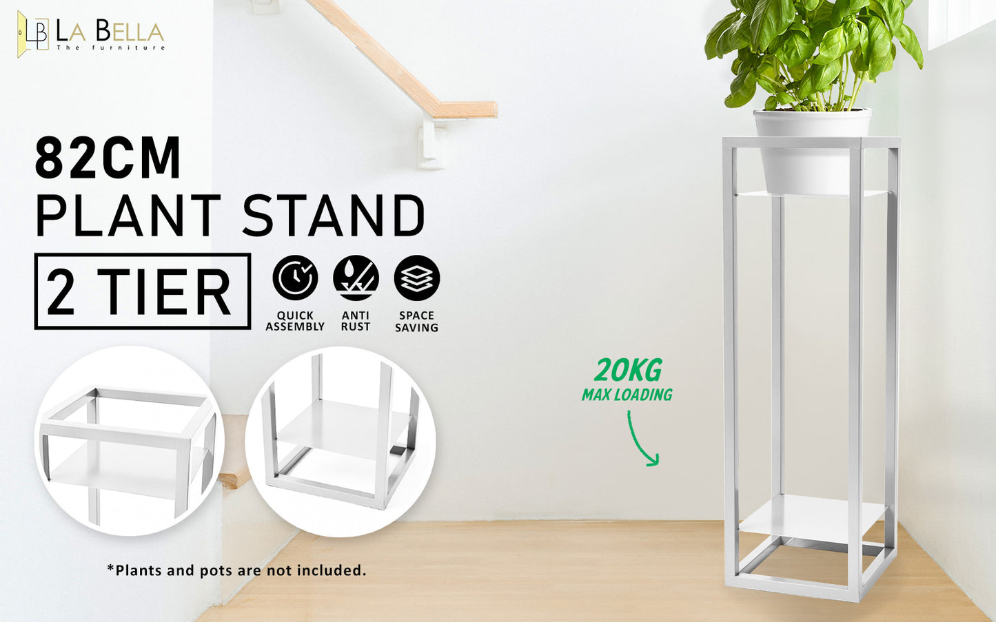 La Bella 82cm White Plant Stand Planter Shelf Rack 2 Tier Steel