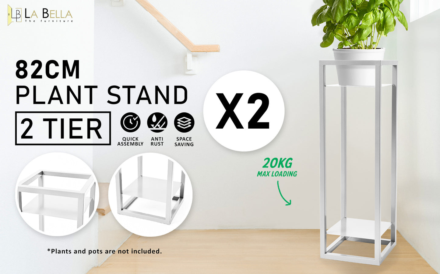 La Bella 2 Set 82cm White Plant Stand Planter Shelf Rack 2 Tier Steel