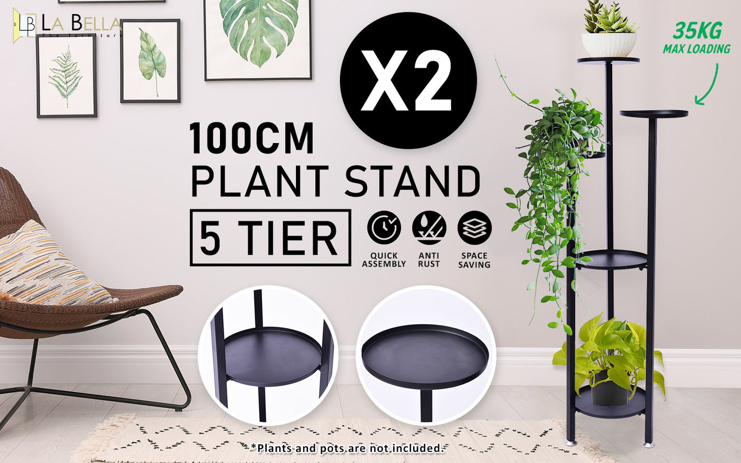 La Bella 2 Set 100cm Black Plant Stand Planter Shelf Rack 5 Tier Steel