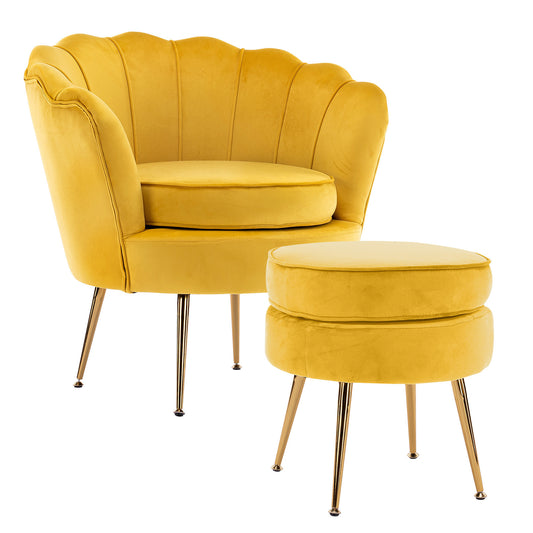 La Bella Shell Scallop Yellow Armchair Accent Chair Velvet + Round Ottoman Footstool