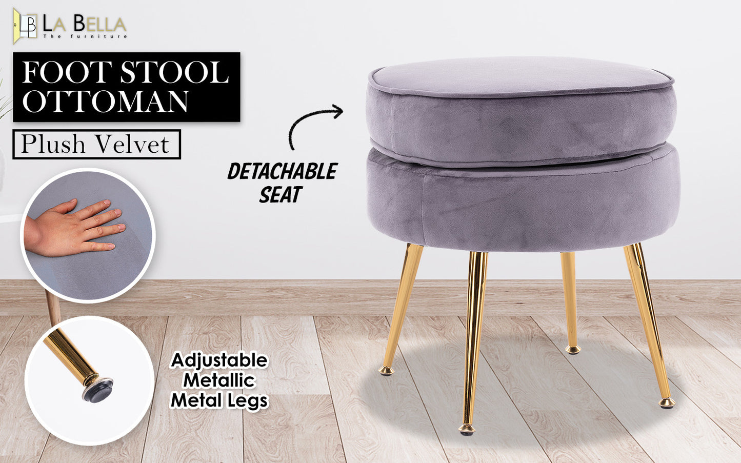 La Bella Grey Round Ottoman Foot Stool Velvet Fabric Metal Leg