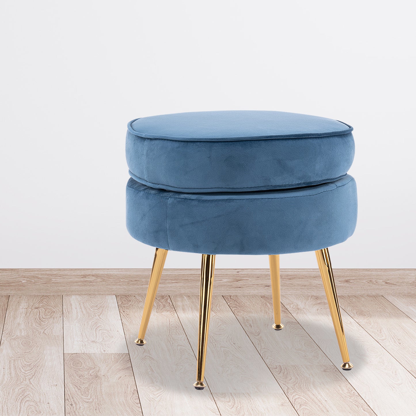 La Bella Navy Blue Round Ottoman Foot Stool Velvet Fabric Metal Leg