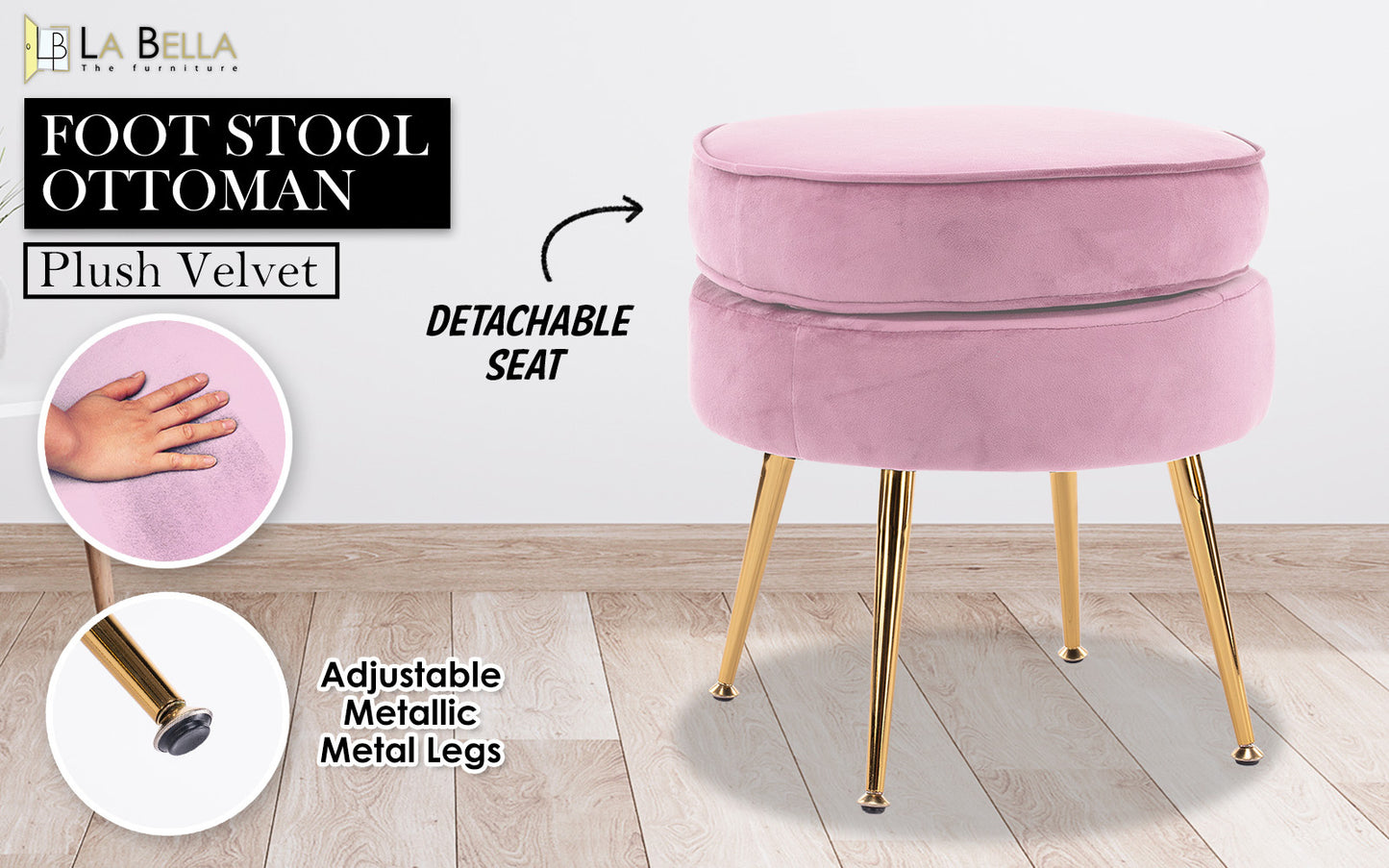 La Bella Pink Round Ottoman Foot Stool Velvet Fabric Metal Leg