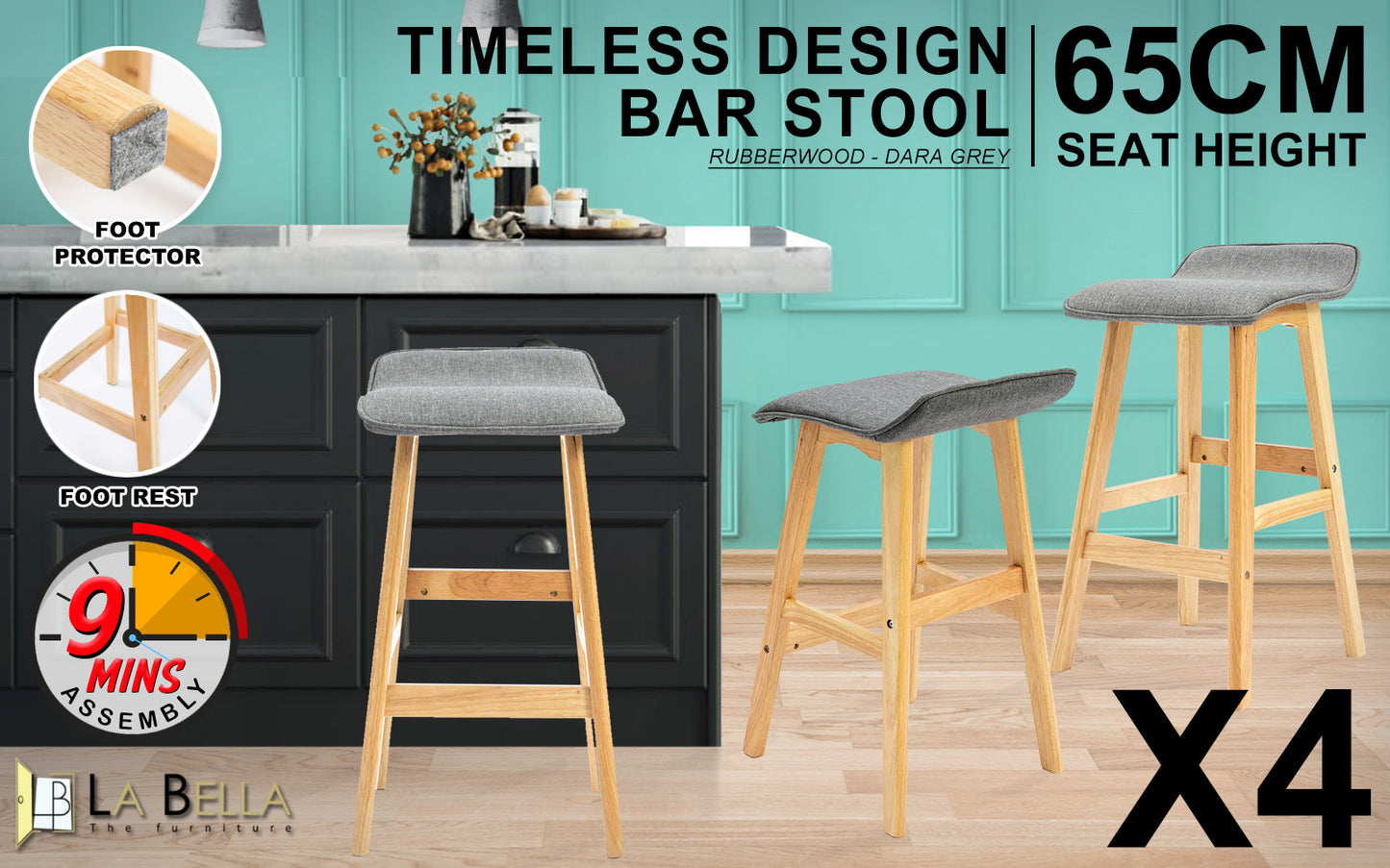 La Bella 4 Set 65cm Grey Wooden Bar Stool DARA Fabric