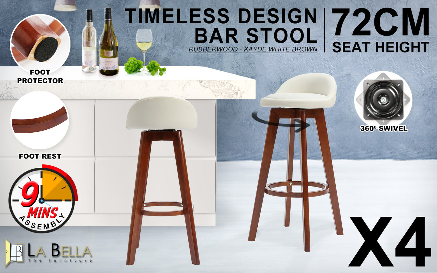 La Bella 4 Set 72cm White Brown Wooden Bar Stool Kayde Leather