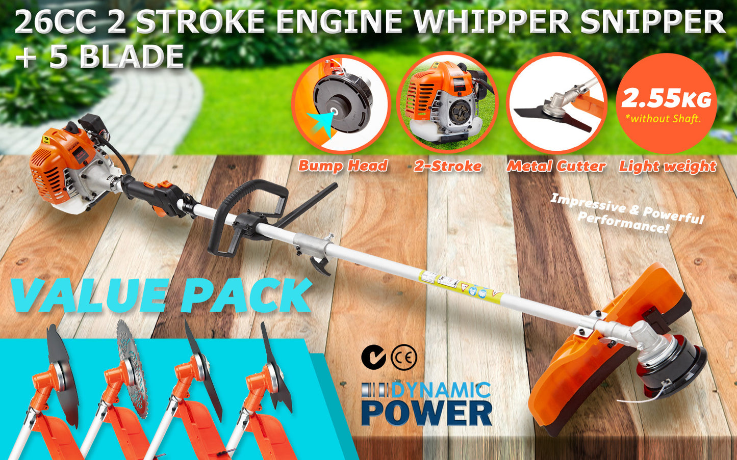 Dynamic Power Garden Whipper Snipper Brush Cutter 26cc + 4 Blades