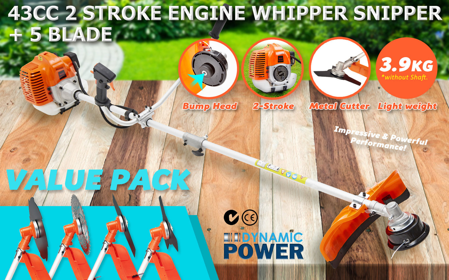 Dynamic Power Garden Whipper Snipper Brush Cutter 43cc + 4 Blade