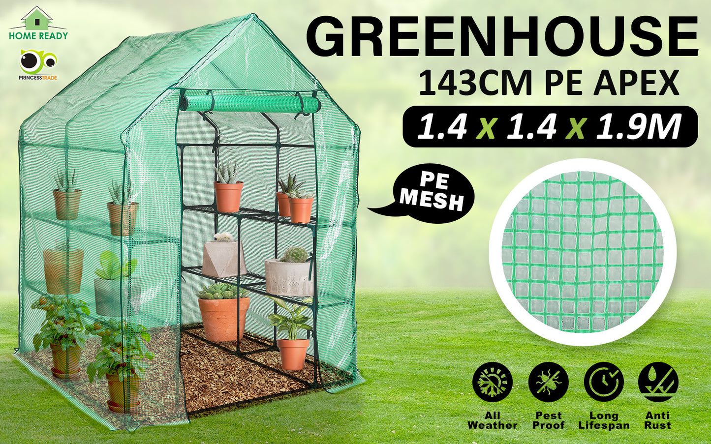 Home Ready Apex 1.43x1.43x1.95M Garden Greenhouse Walk-In Shed PE