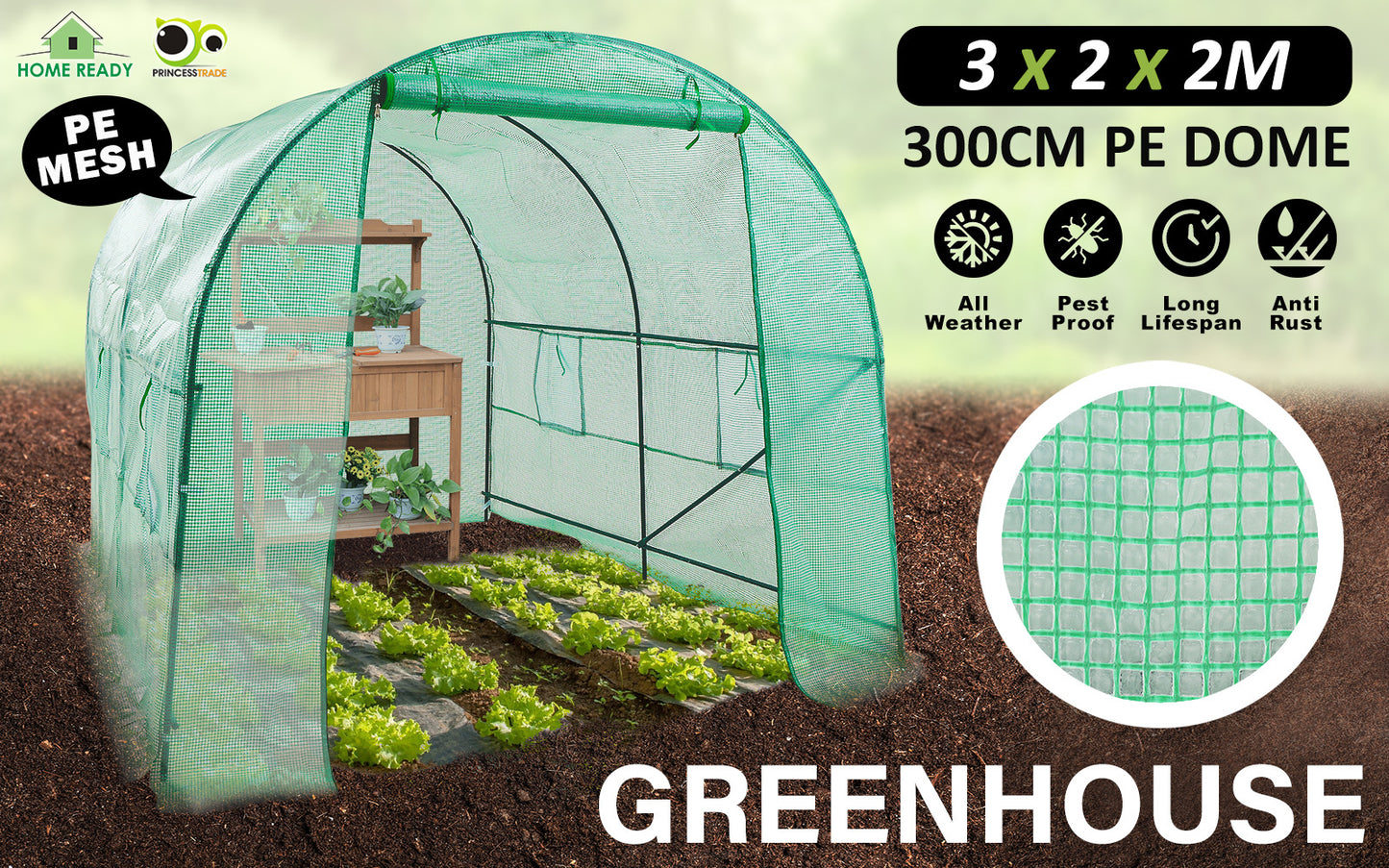 Home Ready Dome Tunnel Hoop Polytunnel 3x2x2M Greenhouse Walk-In Shed PE