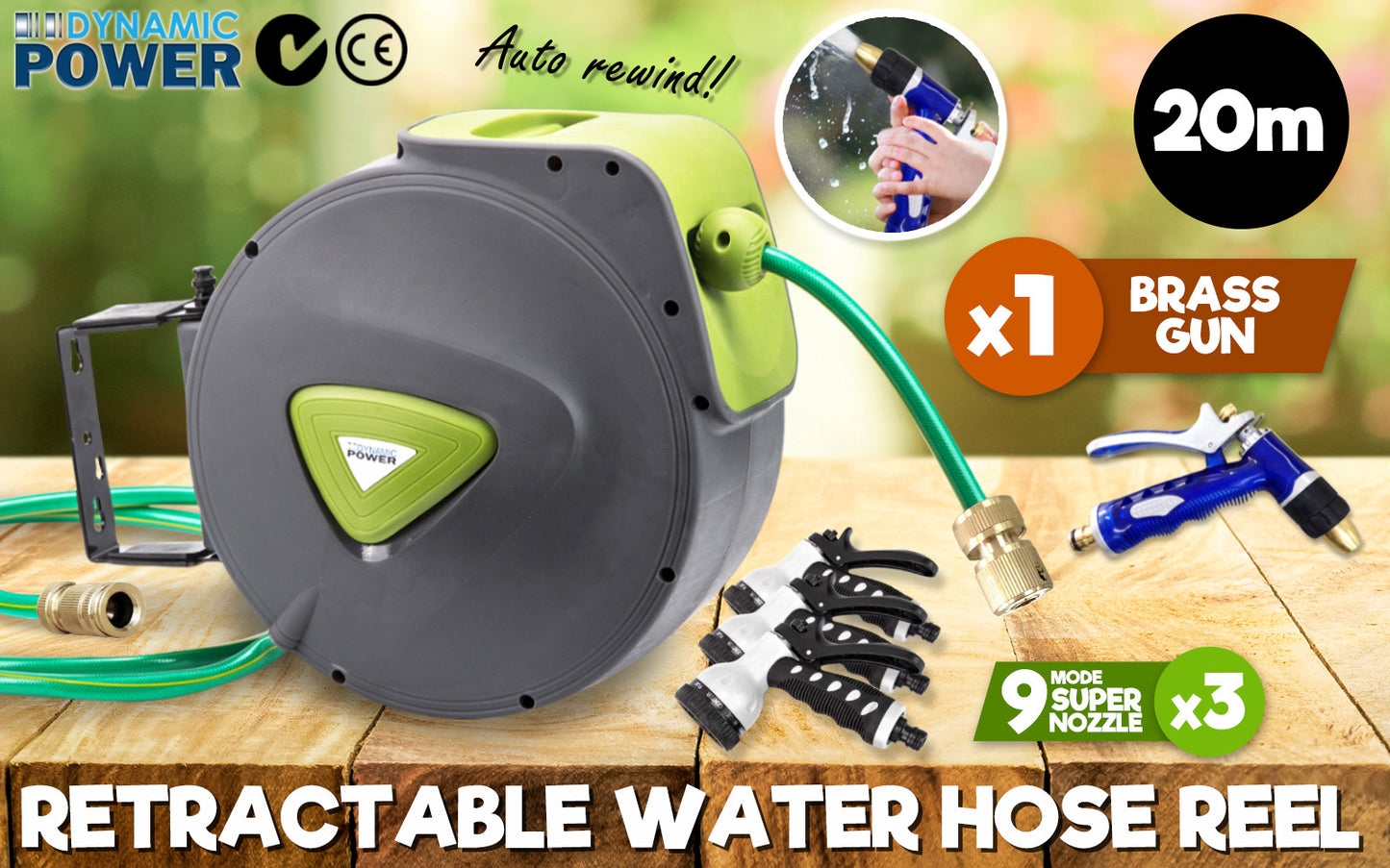 Dynamic Power Garden Water Hose 20M Retractable Rewind Reel + Brass Gun