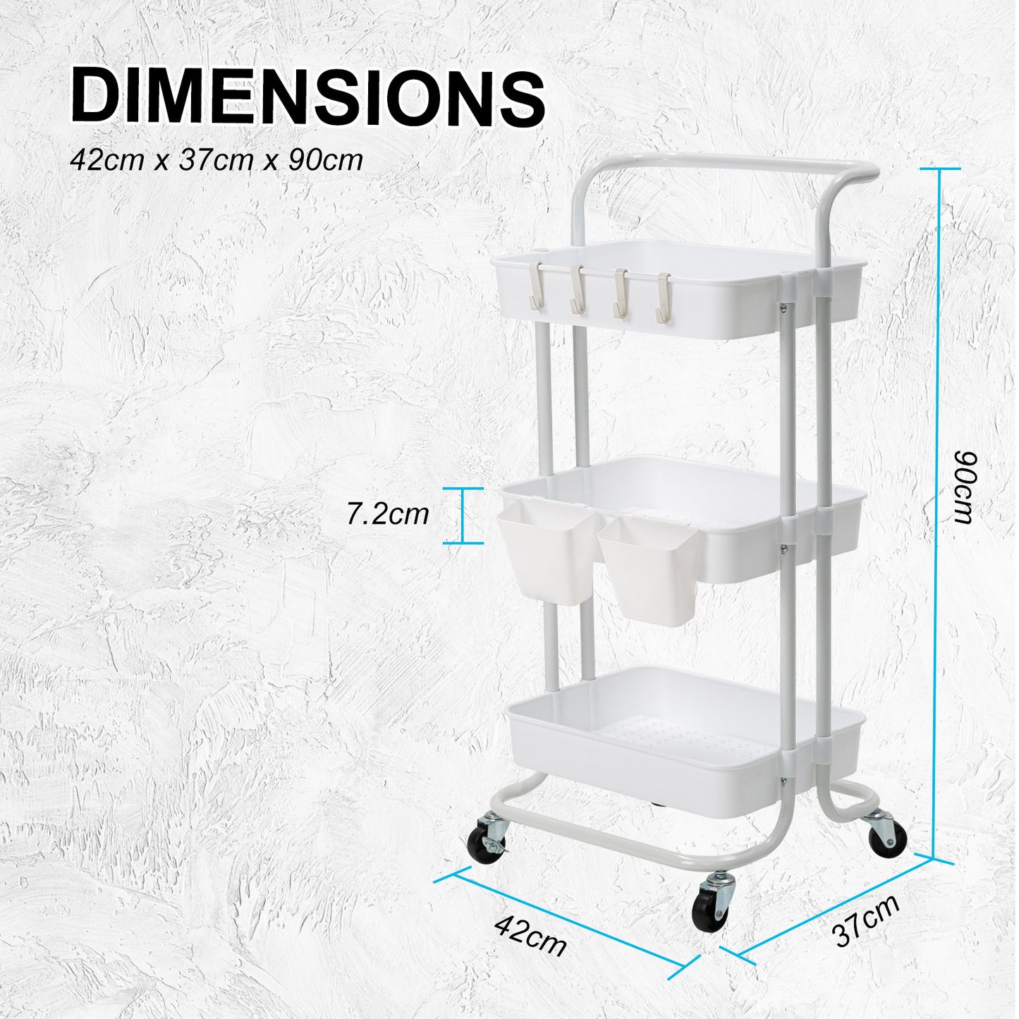 Kandoka 3 Tier White Trolley Cart Storage Utility Rack Organiser Swivel Kitchen