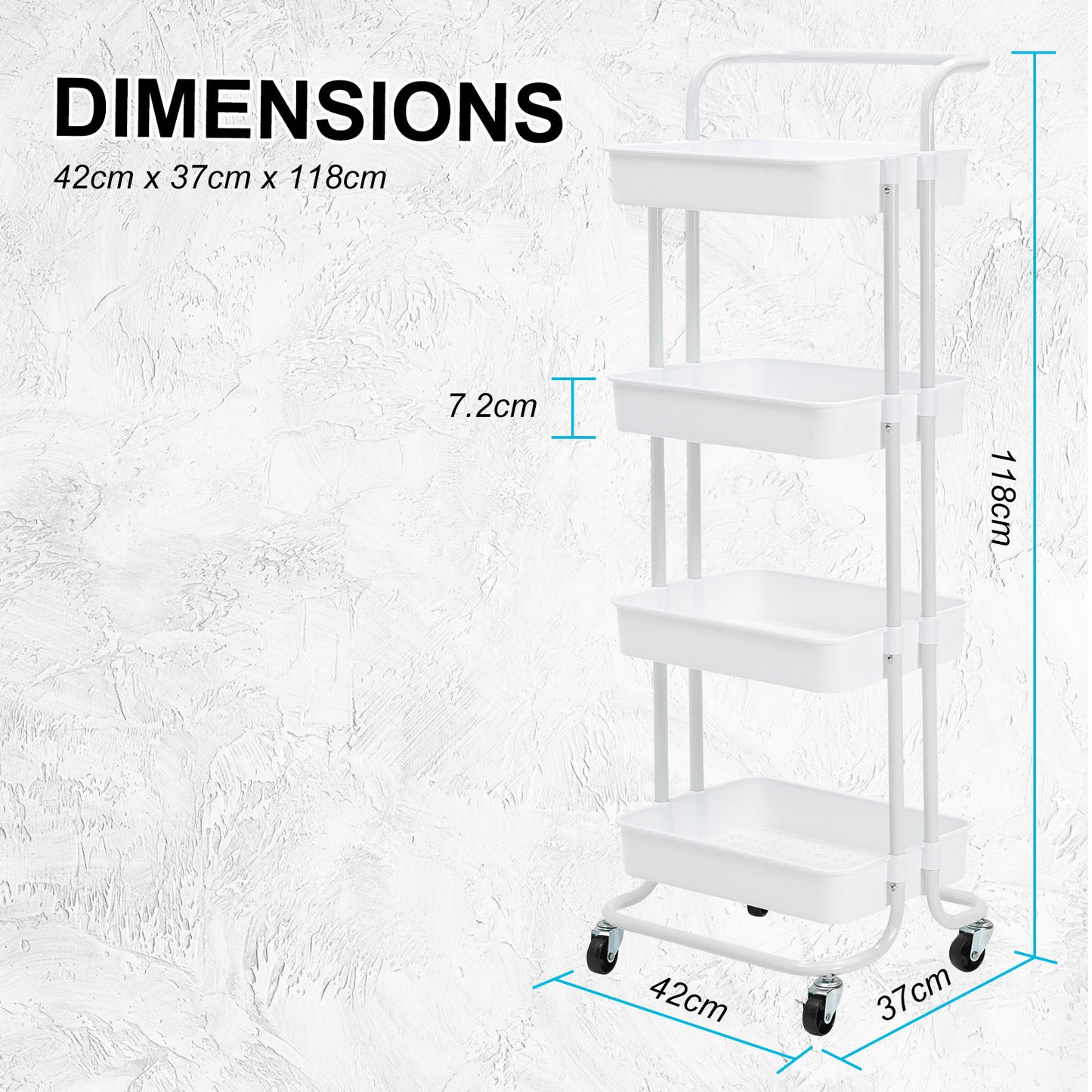 Kandoka 4 Tier White Trolley Cart Storage Utility Rack Organiser Swivel Kitchen