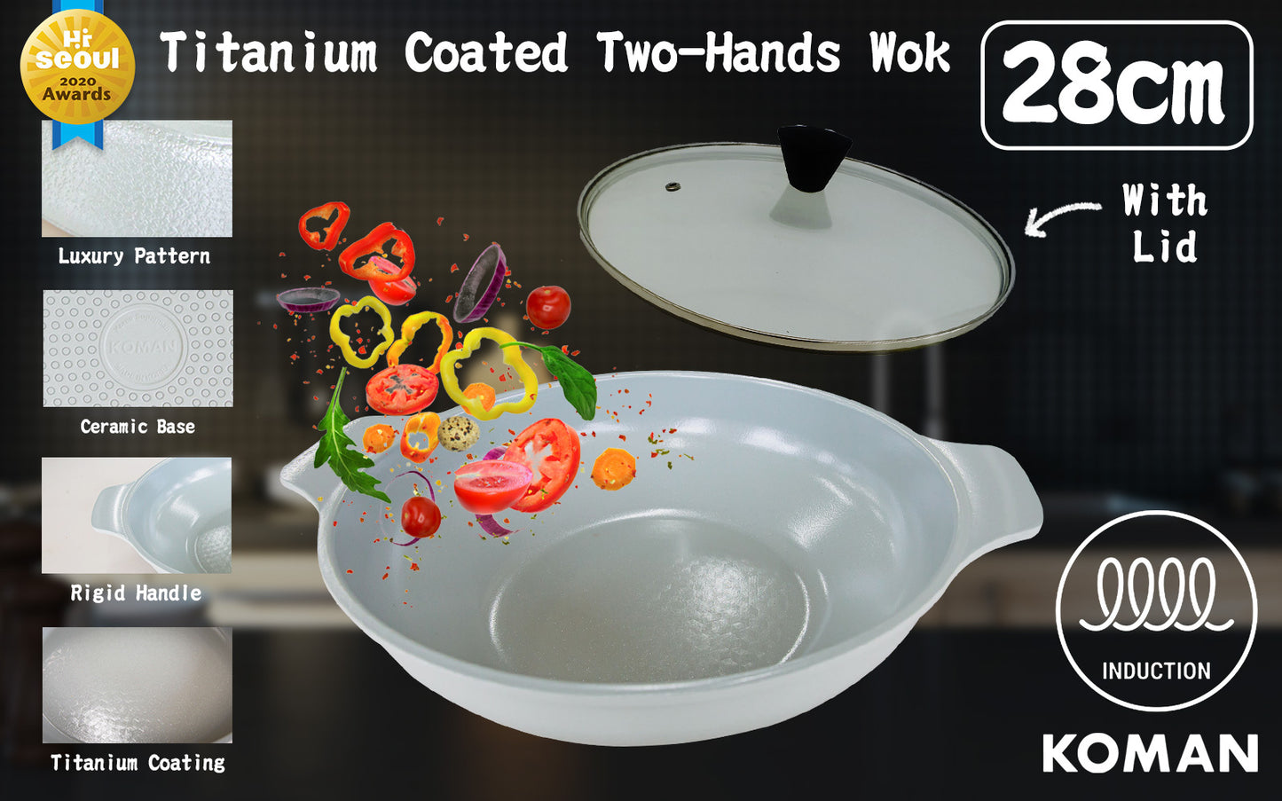 KOMAN 28cm Grey Shinewon Vinch IH Two Hands Wok Non-stick Induction Titanium Ceramic + Glass Lid