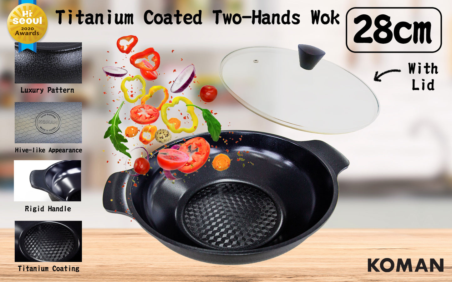 KOMAN 28cm Black Shinewon Two Hands Wok Ceramic Non-stick Titanium Coat + Glass Lid