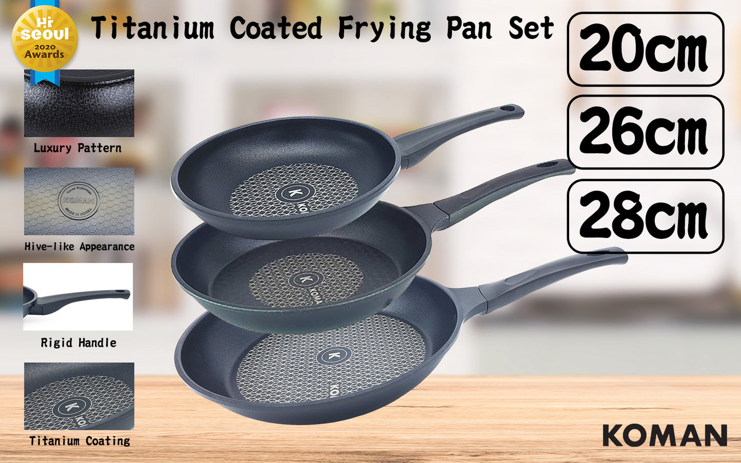 KOMAN 20 26 28cm Set Titanium Coating Frying Pan Non-Stick