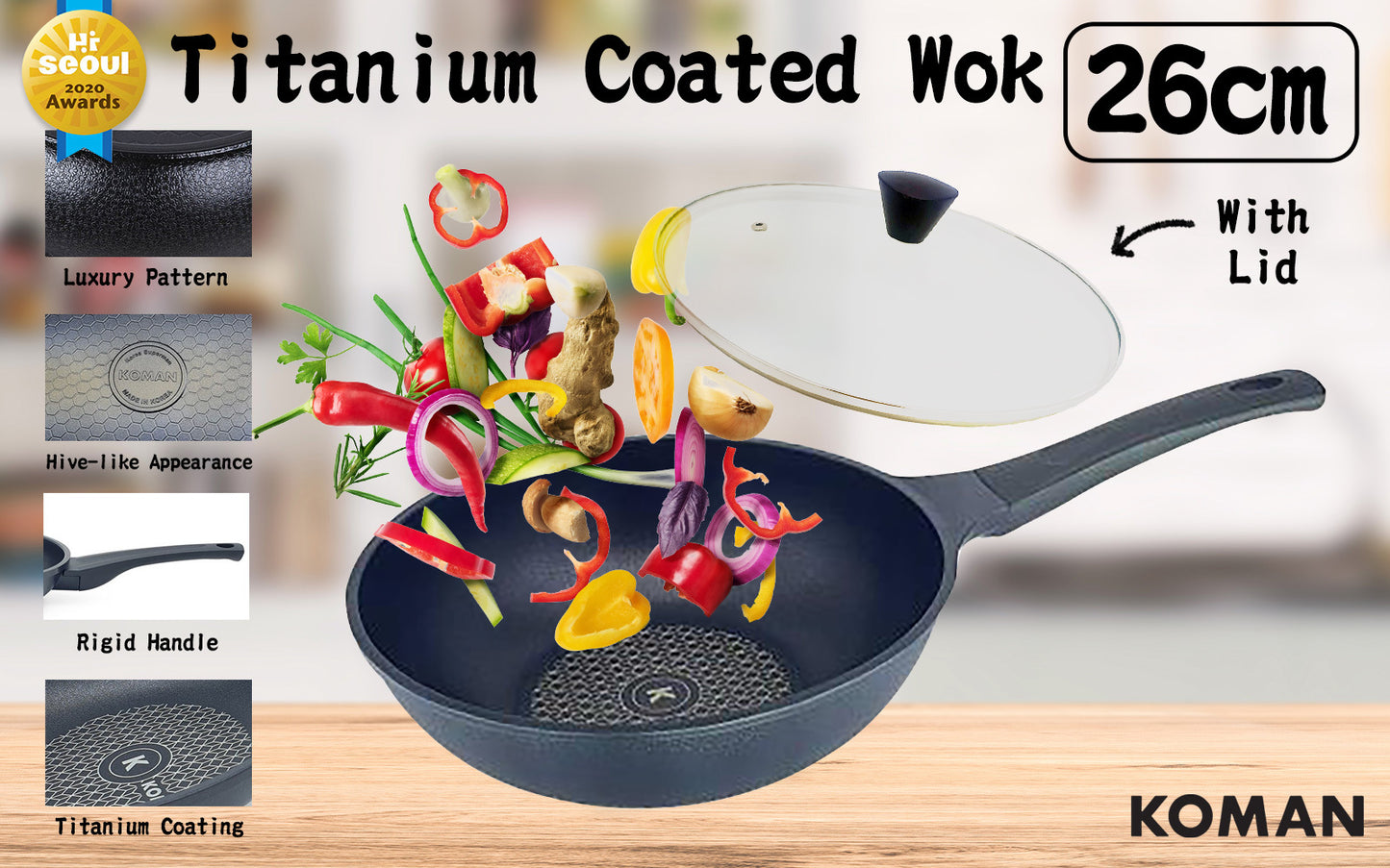 KOMAN 26cm Titanium Coating Wok Pan Non-Stick + Glass Lid