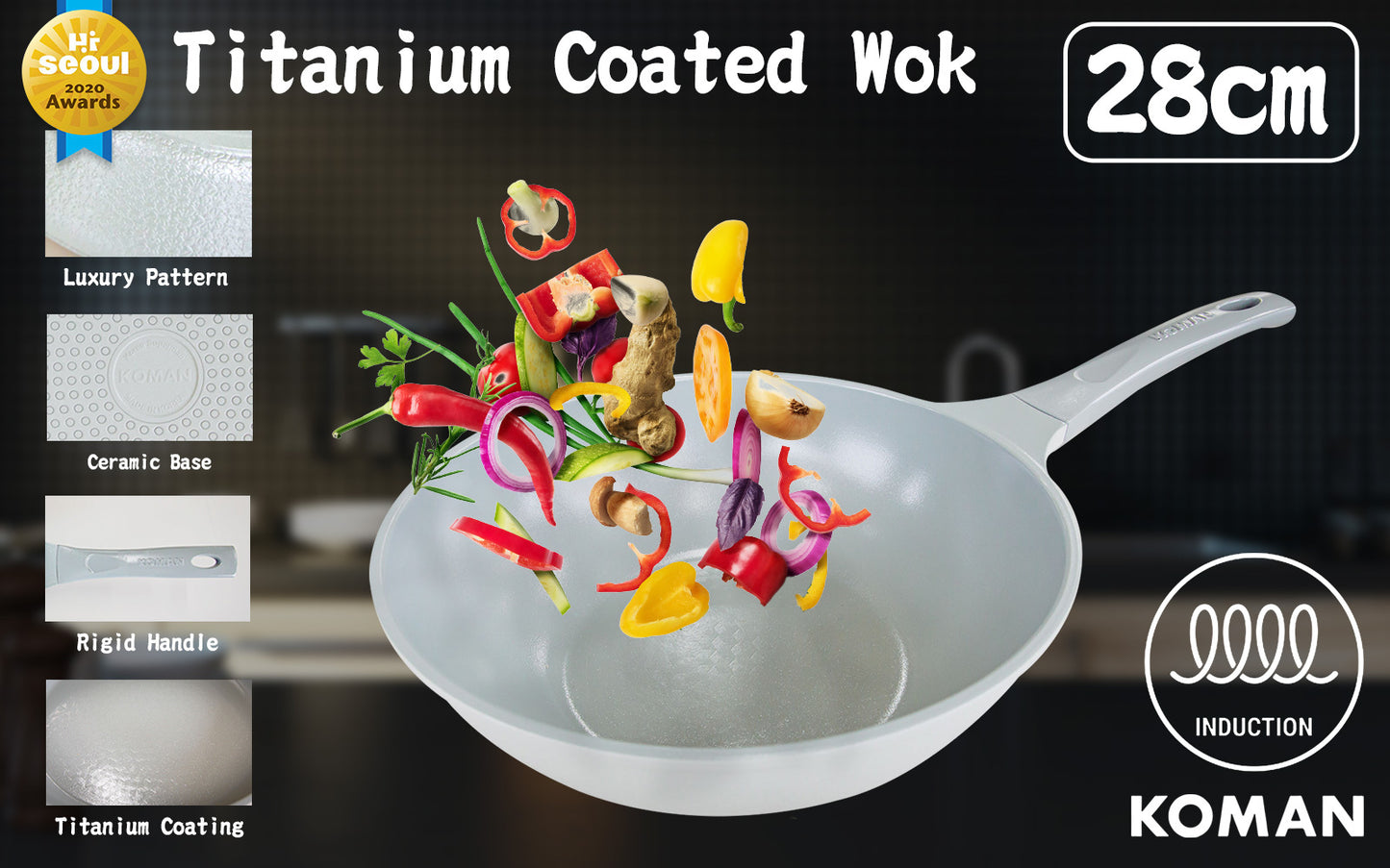 KOMAN 28cm Grey Shinewon Vinch IH Wok Wokpan Non-stick Induction Ceramic