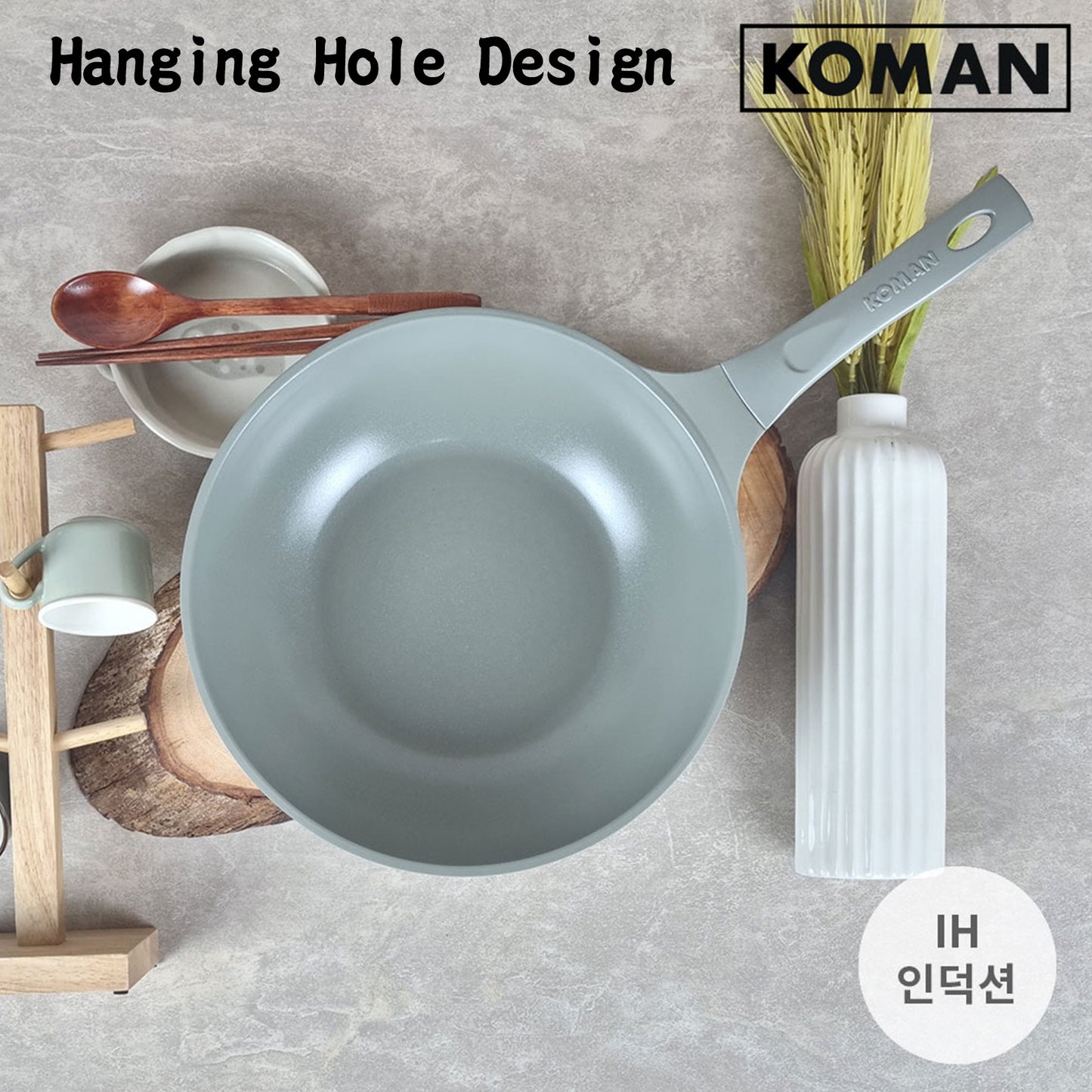 KOMAN 28cm Grey Shinewon Vinch IH Wok Wokpan Non-stick Induction Ceramic + Glass Lid