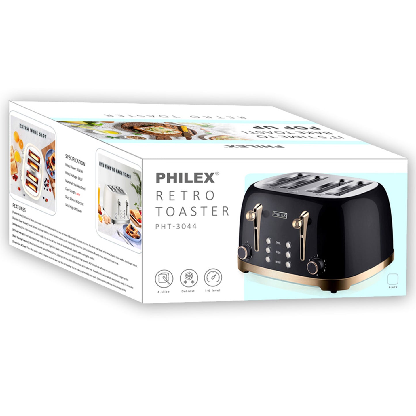 PHILEX 4-Slice Black Toaster Bread Reheat Retro