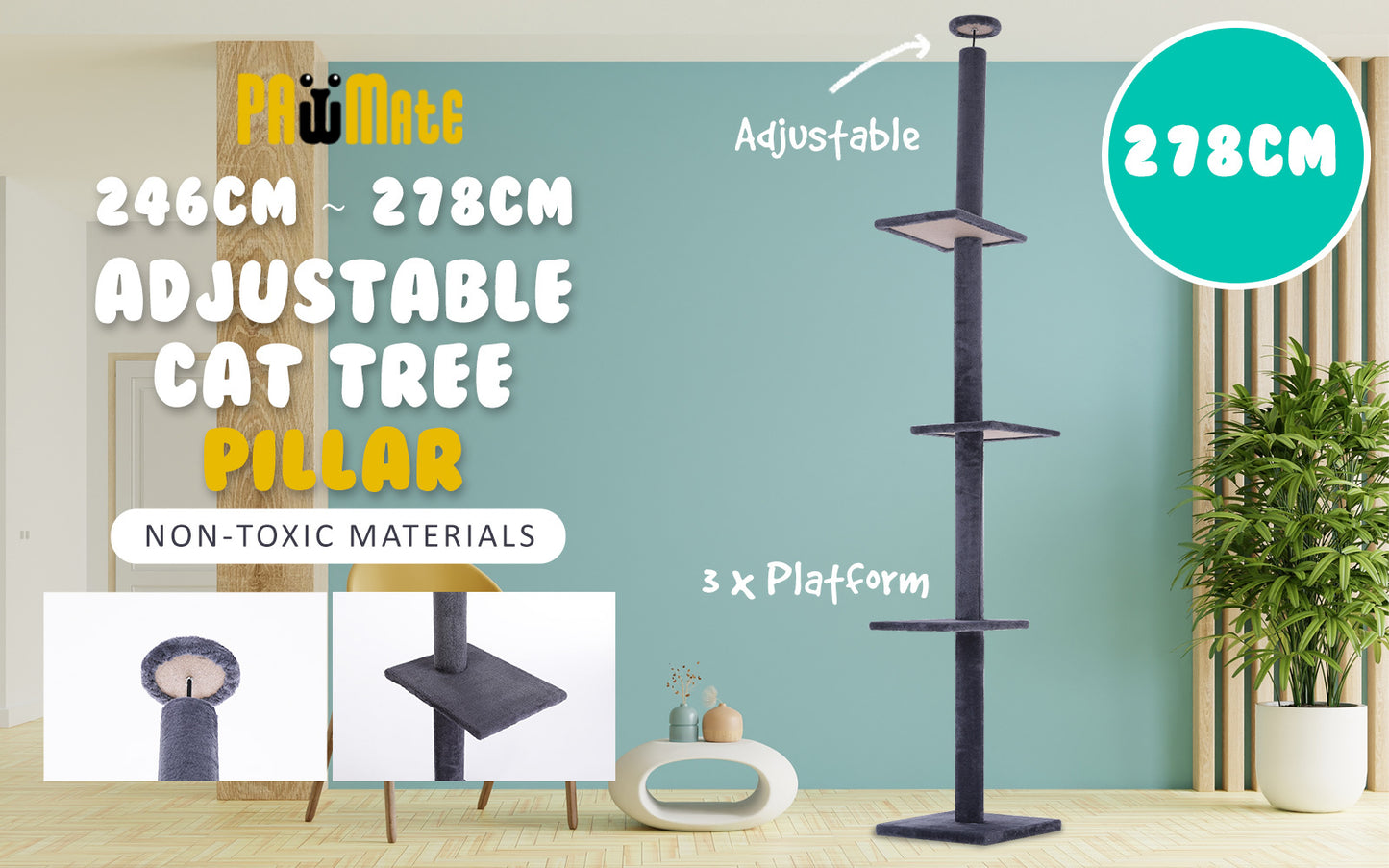 Paw Mate 278cm Grey Cat Tree PILLAR Scratcher Adjustable Floor to Ceiling Condo Tower