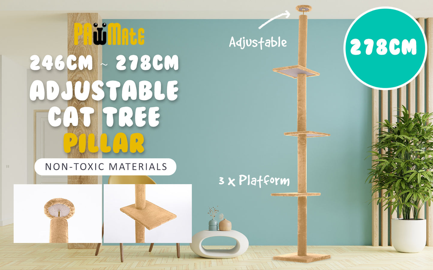 Paw Mate 278cm Brown Cat Tree PILLAR Scratcher Adjustable Floor to Ceiling Condo Tower