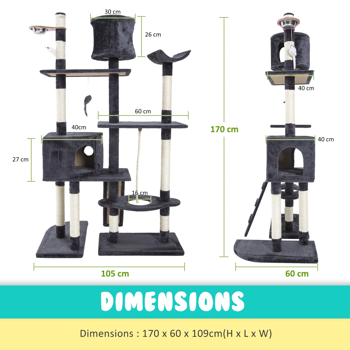 Paw Mate 170cm Grey Cat Tree Danie Multi Level Scratcher