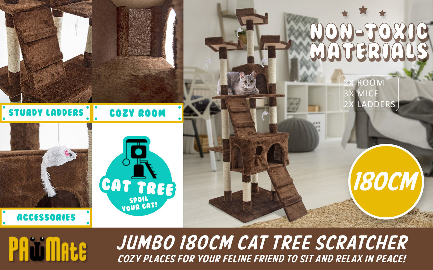 Paw Mate 180cm Brown Cat Tree Jumbo Multi Level Scratcher