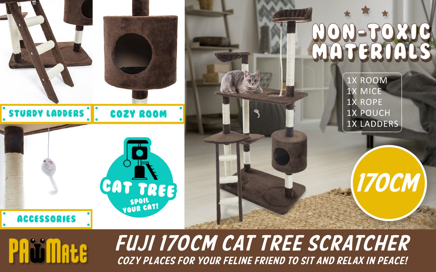 Paw Mate 170cm Brown Cat Tree Fuji Multi Level Scratcher