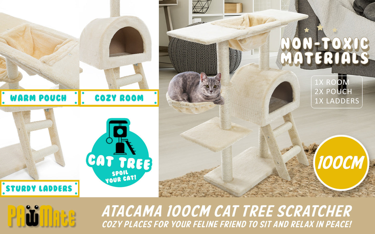 Paw Mate 100cm Beige Cat Tree Atacama Multi Level Scratcher