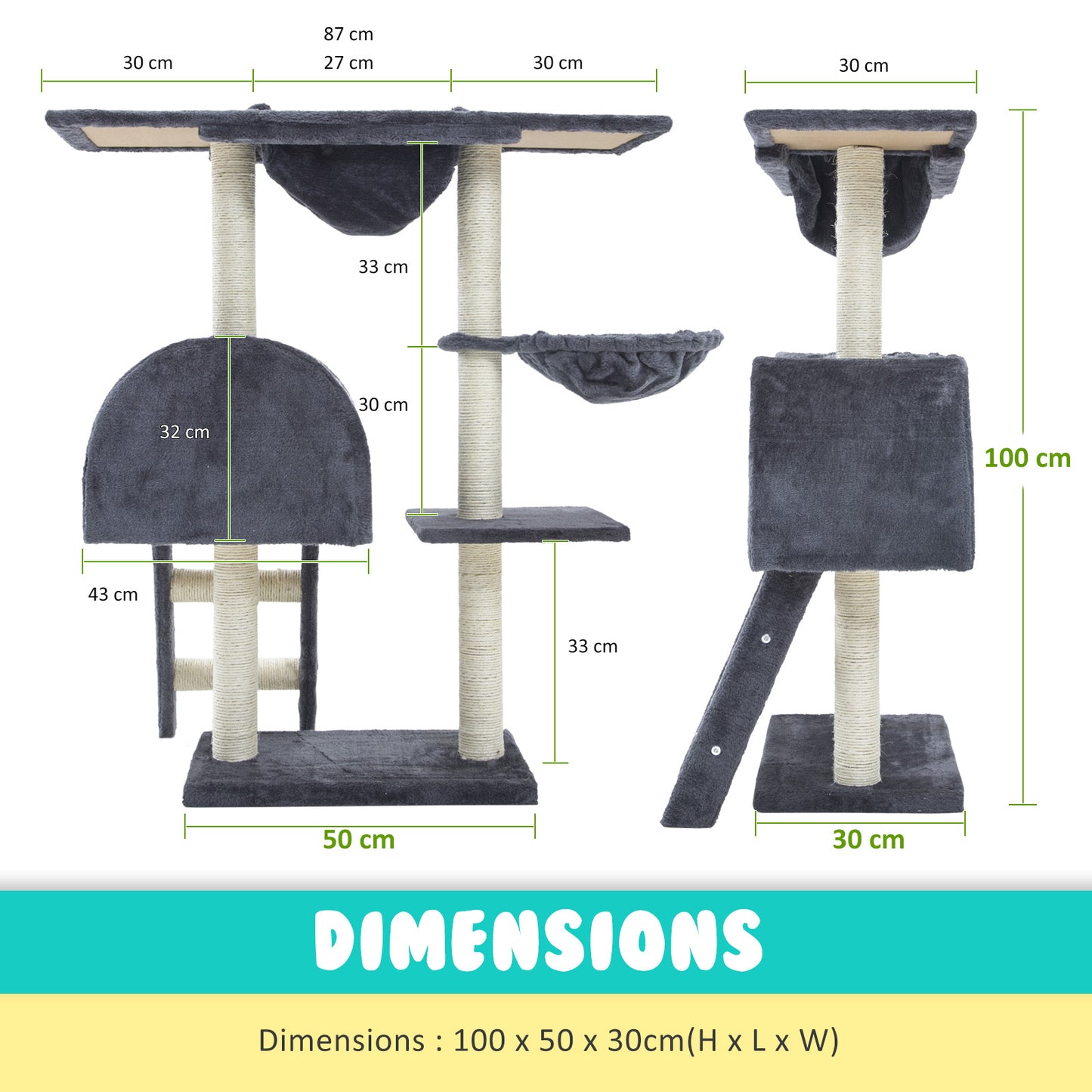 Paw Mate 100cm Grey Cat Tree Atacama Multi Level Scratcher