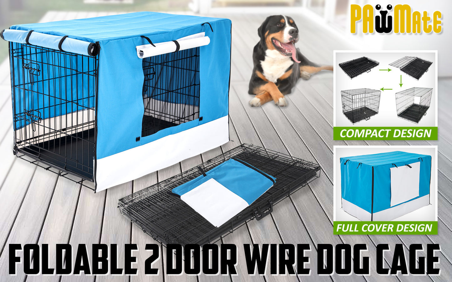 Paw Mate Wire Dog Cage Foldable Crate Kennel 36in with Tray + Blue Cover Combo