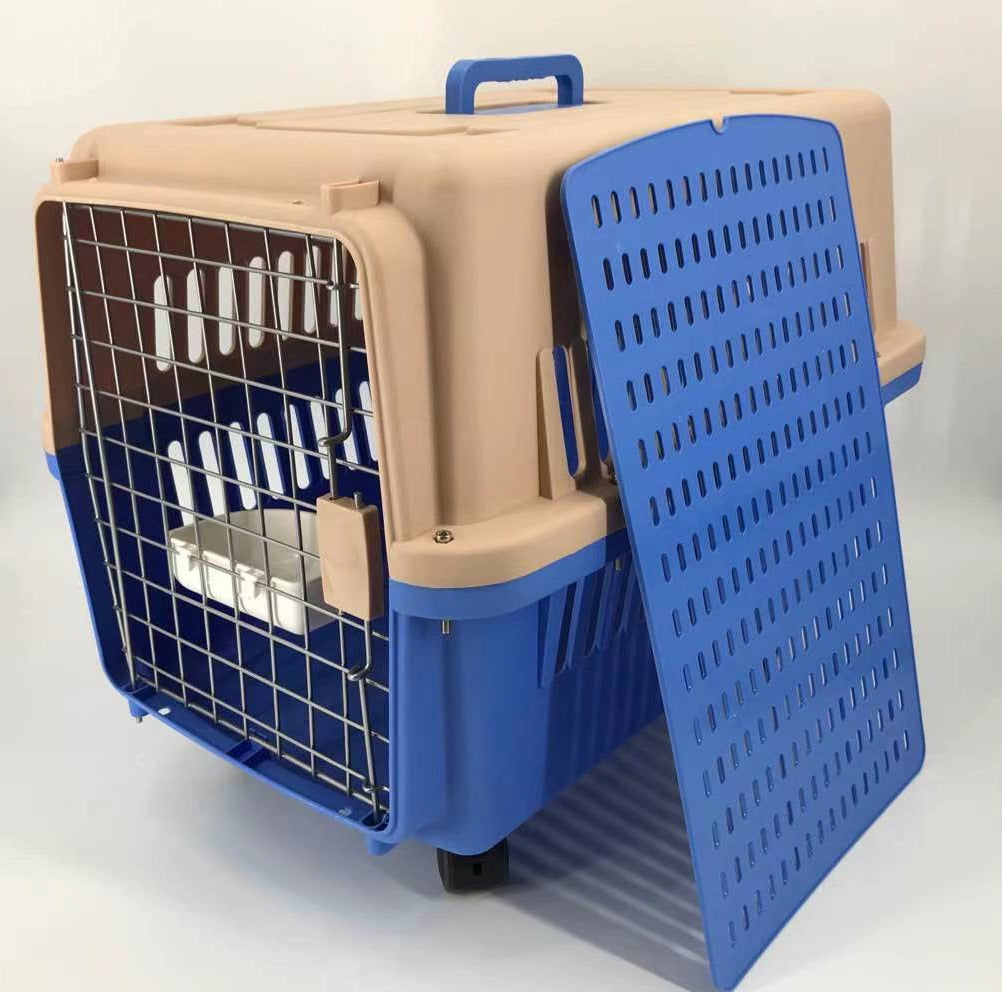 YES4PETS Blue Large Dog Puppy Cat Crate Pet Carrier Cage With Tray, Bowl & Wheel