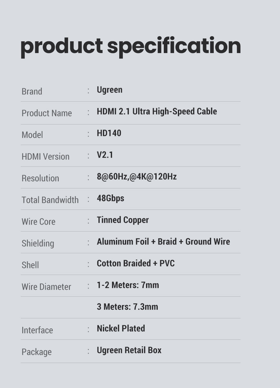 UGREEN 60633 8K 60 HZ HDMI 2.1 A M/M Cable with Braided 10M