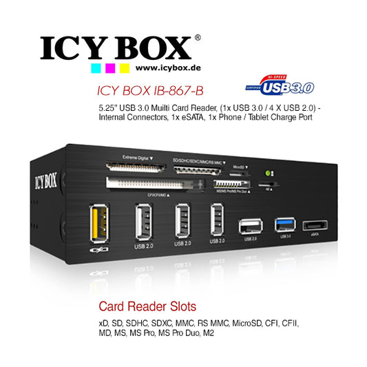 ICY BOX Standard 5.25" drive bay USB 3.0 multi card reader with an eSATA port and a USB charging port (IB-867)