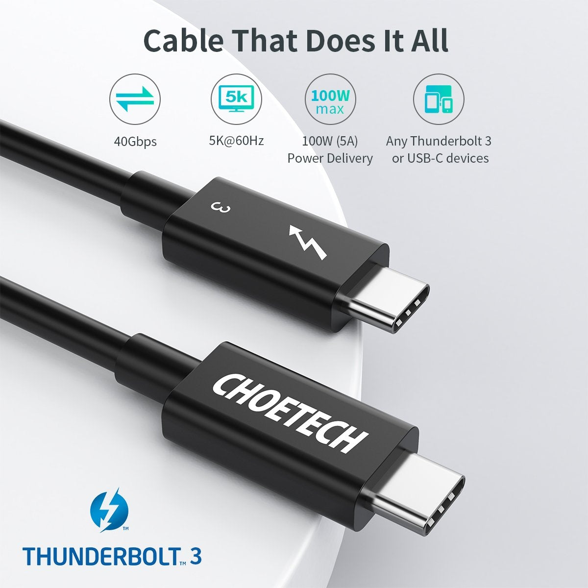 CHOETECH A3009 USB Type C Thunderbolt 3 Cable 5K/60Hz 40Gbps 0.8M Black