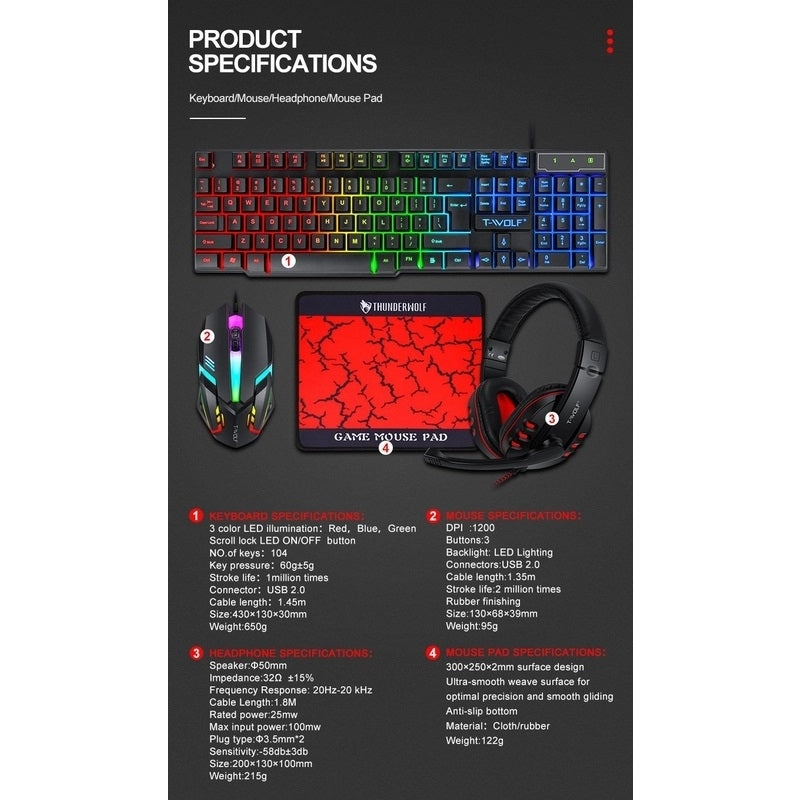 T-Wolf TF800 RGB 4-pcs Gaming Keyboard/Mouse/Headphone/Mouse Pad Kit Set