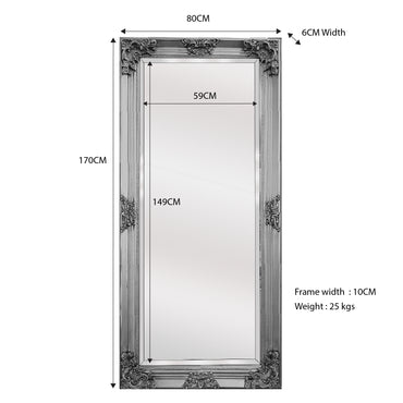 Deluxe French Provincial Ornate Mirror - Antique Silver - 80cm x 170cm