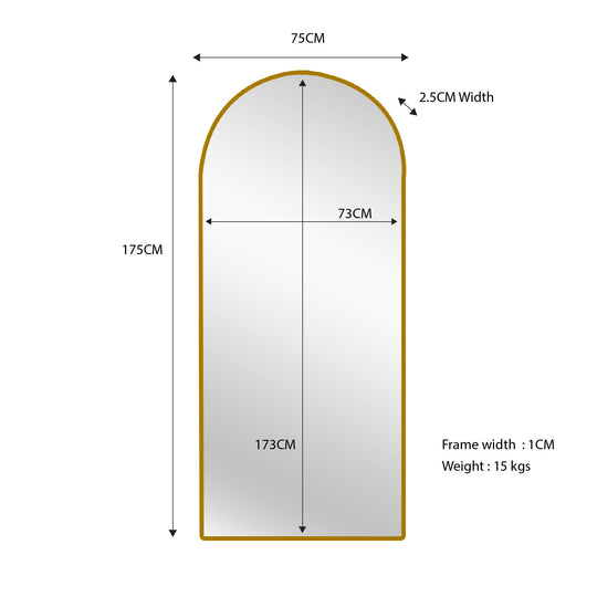 Metal Arch Mirror 75cm x 175cm - Gold