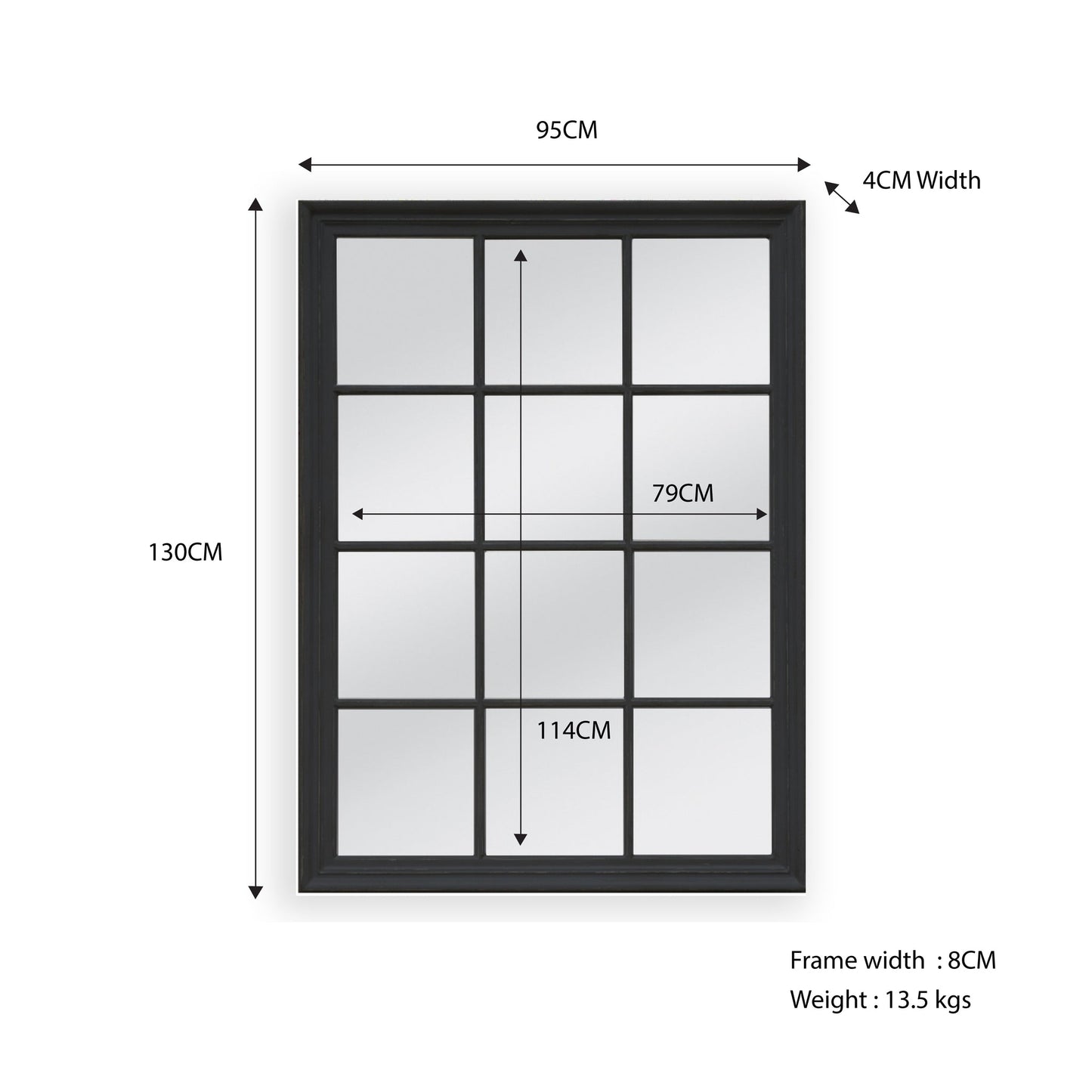 Window Style Mirror - Black Rectangle 95cm x 130cm