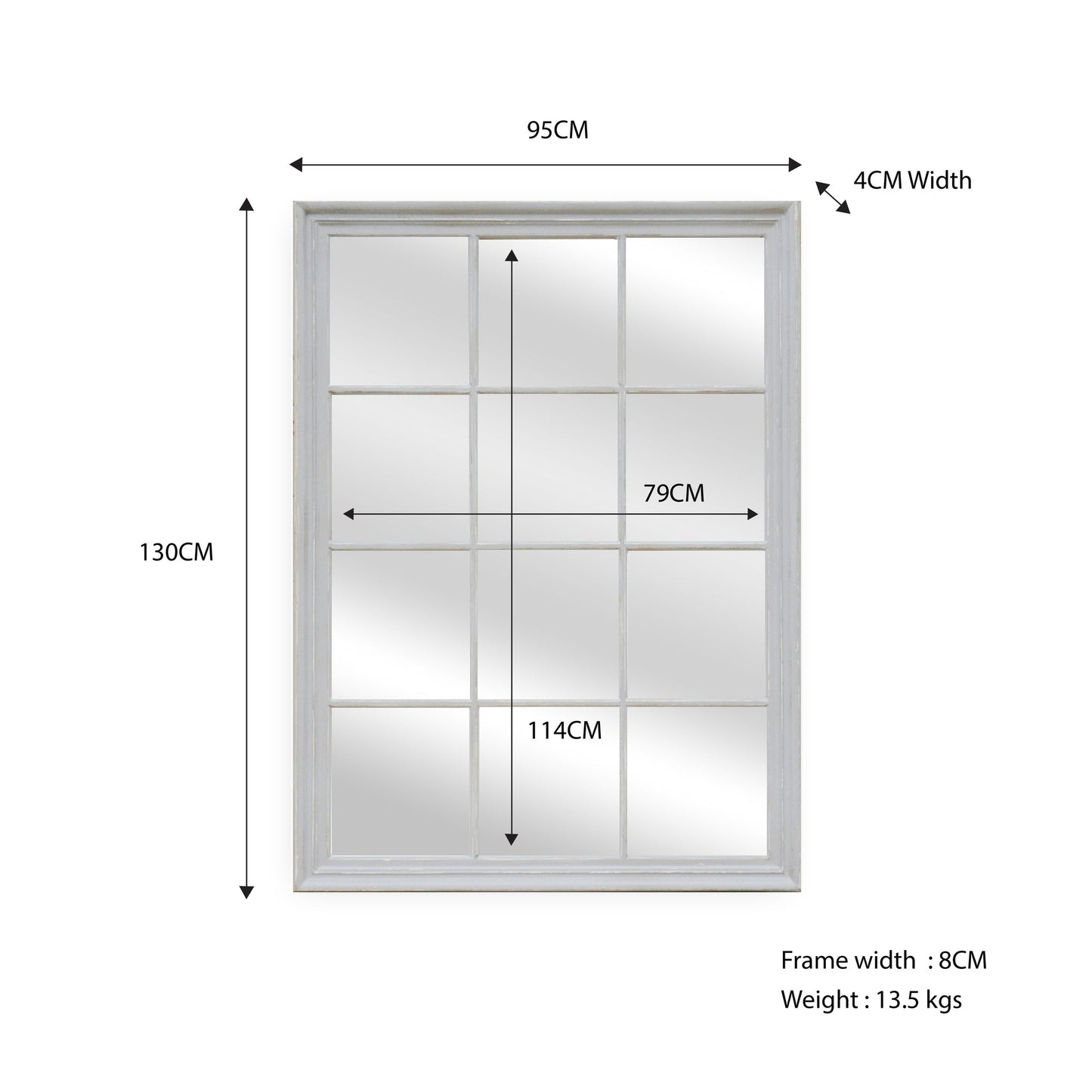 Window Style Mirror - White Rectangle 95cm x 130cm