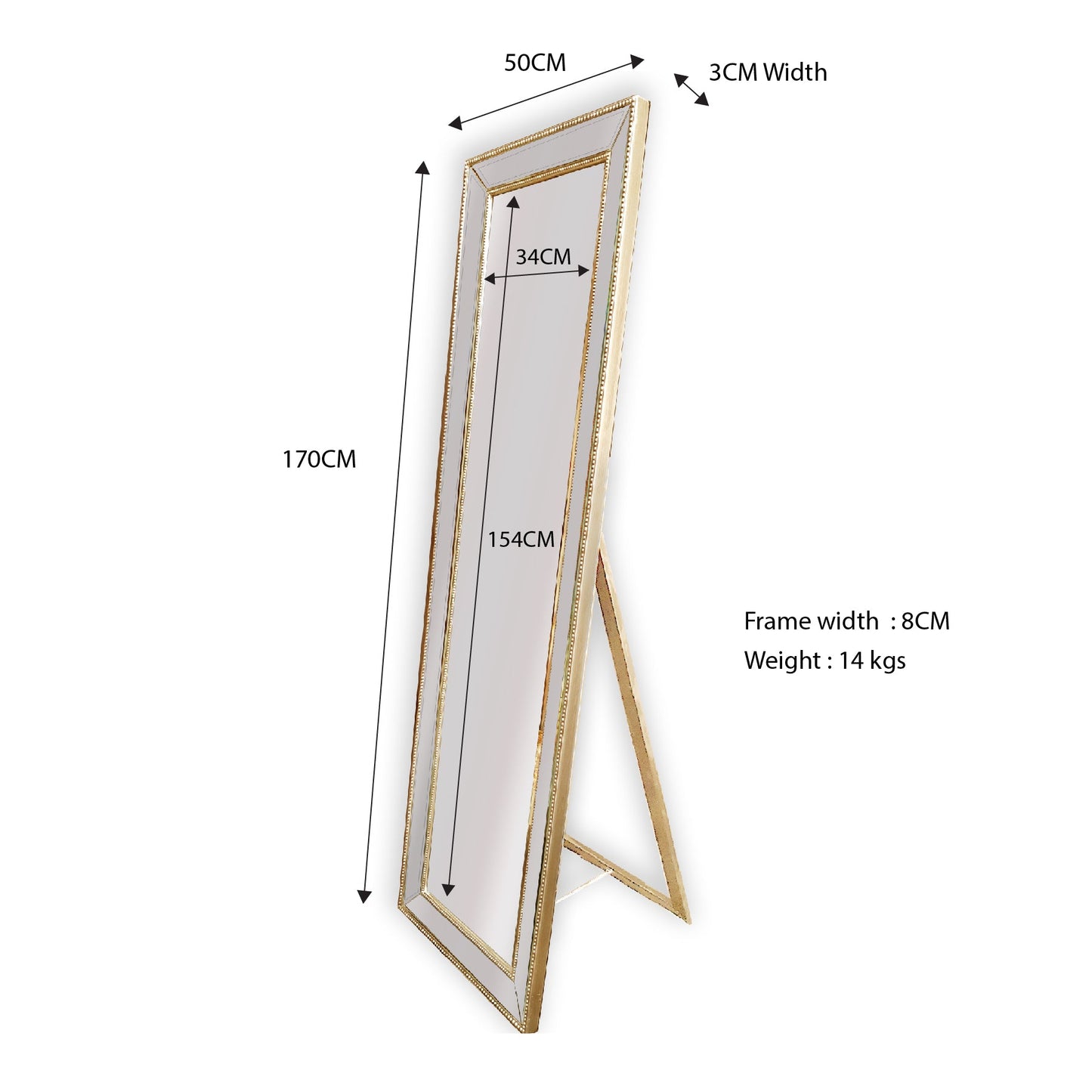 Gold Beaded Framed Mirror - Free Standing 50cm x 170cm