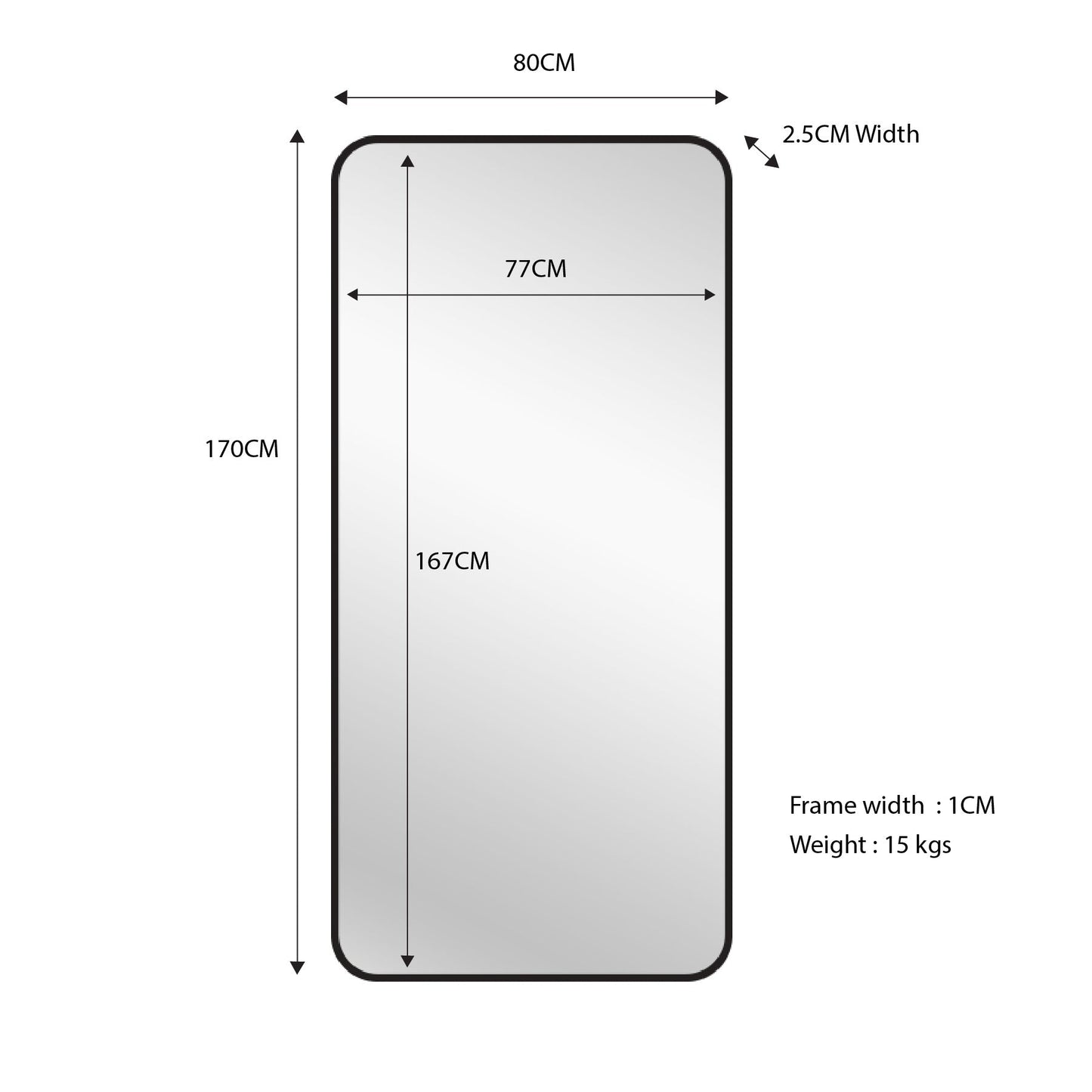 Black Metal Rectangle Mirror - Medium 80cm x 170cm