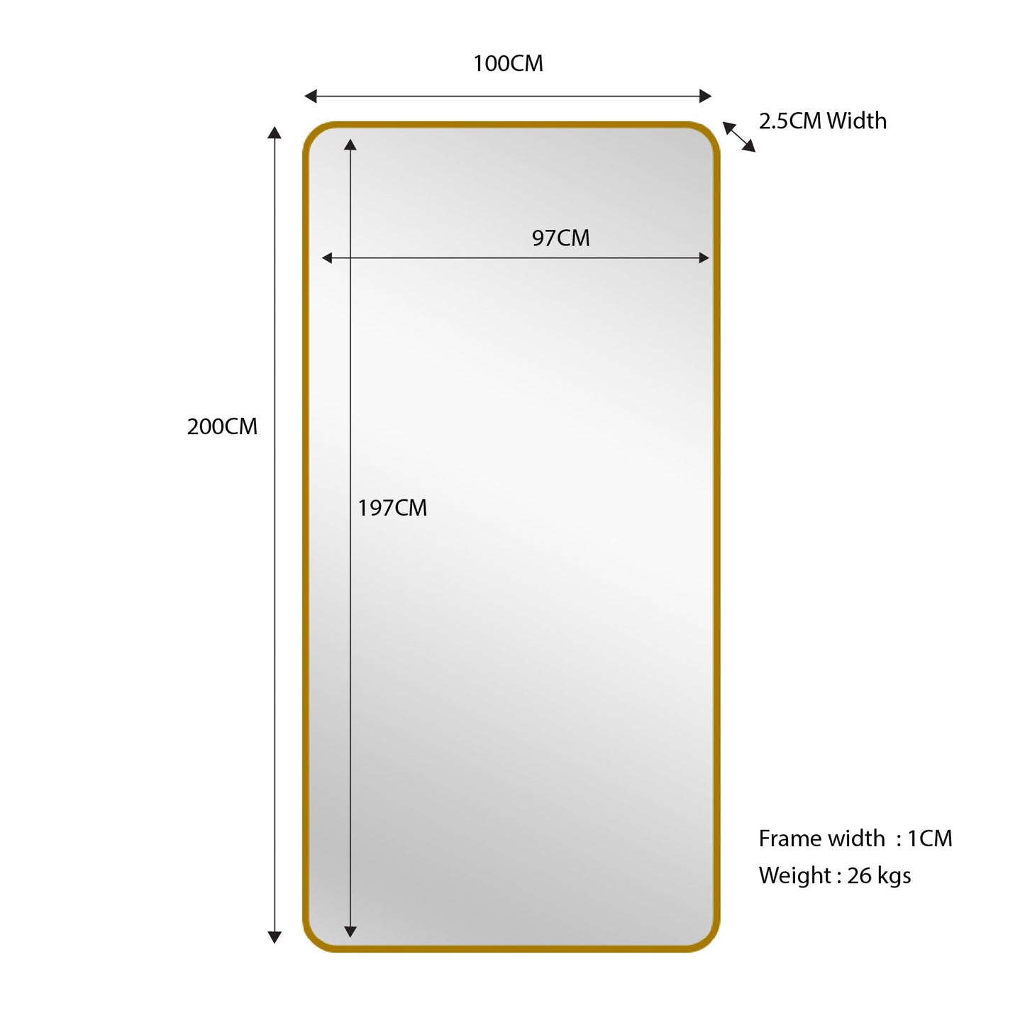 Gold Metal Rectangle Mirror - X-Large 100cm x 200cm