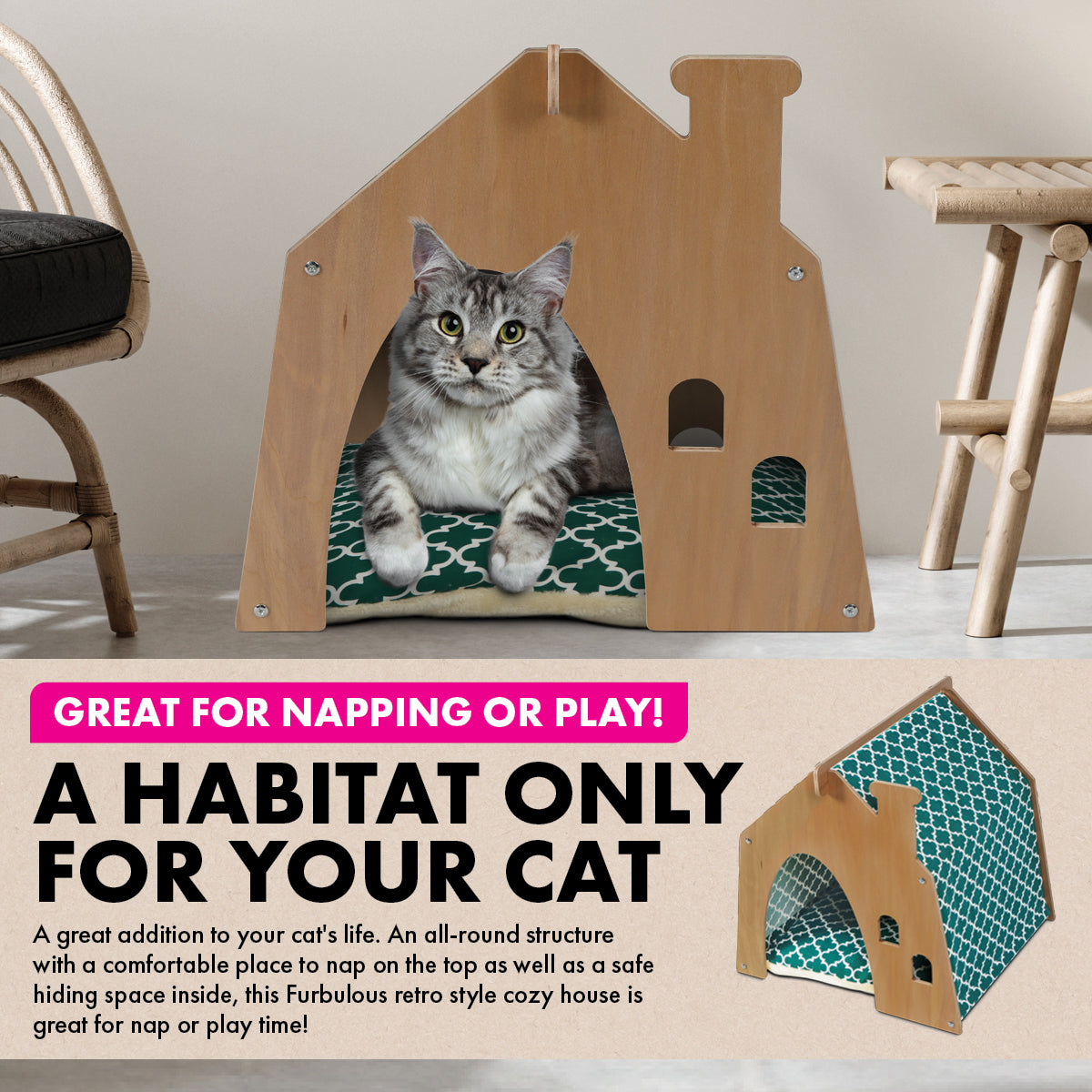 Pet Basic Chimney Cozy Green Cat House Waterproof Mattress 52 x 47cm x 50cm