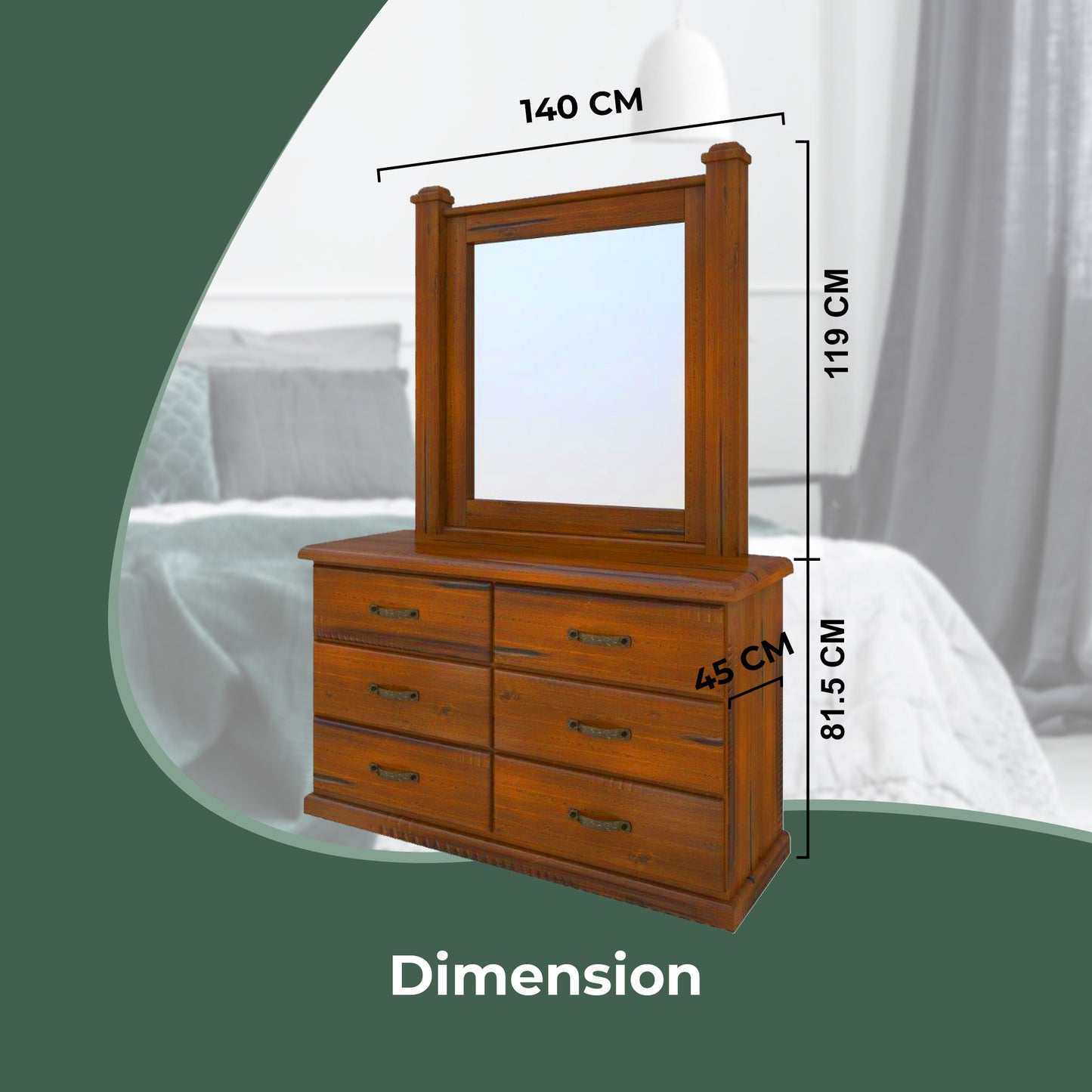 Umber Dresser Mirror 7 Chest of Drawers Solid Wood Storage Cabinet - Dark Brown