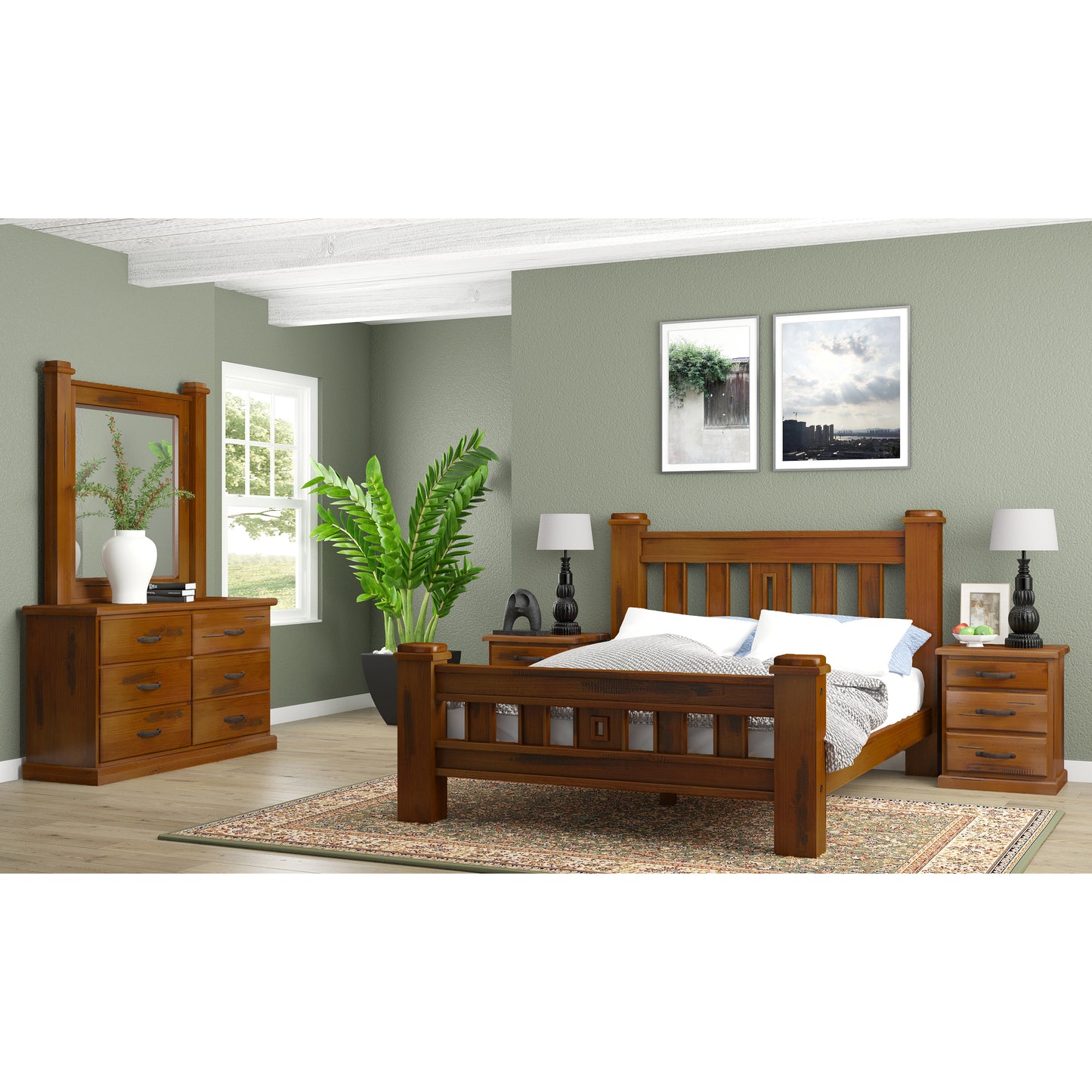 Umber 4pc Queen Bed Frame Suite Bedside Dresser Furniture Package - Dark Brown