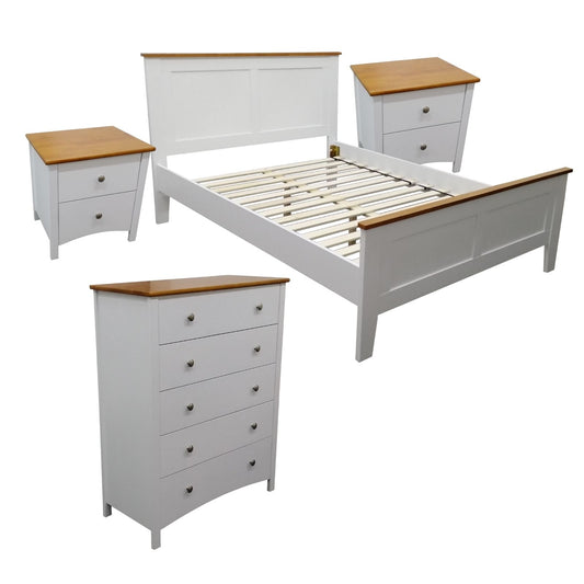 Lobelia 4pc Queen Bed Suite Bedside Tallboy Bedroom Furniture Package - White