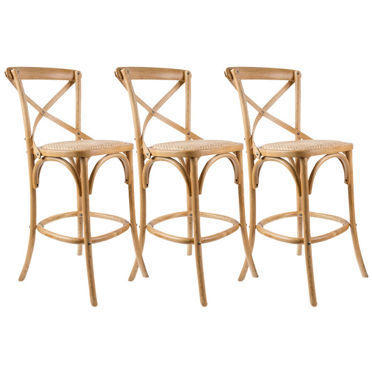 Aster 3pc Crossback Bar Stools Dining Chair Solid Birch Timber Rattan Seat - Oak