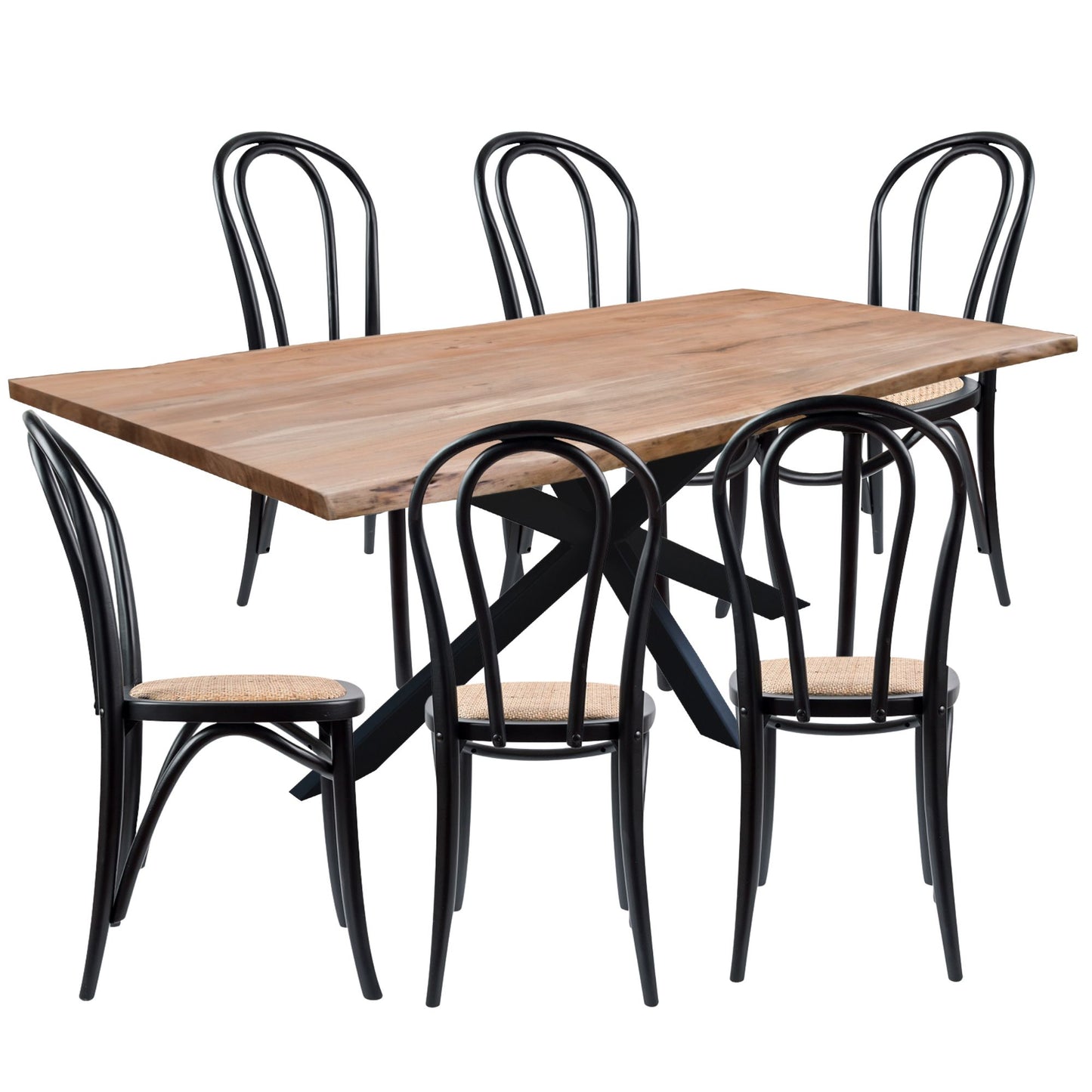 Lantana 7pc 210cm Dining Table 6 Black Arched Back Chair Set Live Edge Acacia